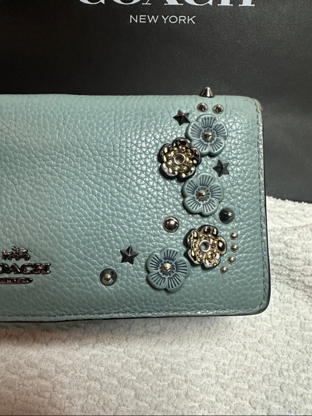 Coach Tea Rose Floral Studded Leather Wallet - Aqua Blue - Picture 15 of 16